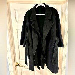 Black Wool Tie Waist Thigh Length Trench Pea Coat